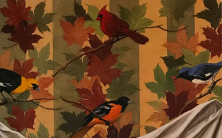 <strong>Wallpaper with birds and leaves</strong> <span class="dims">38x24”</span> oil on linen