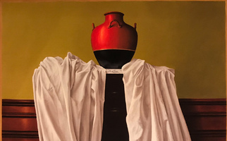 <strong>White cloth, black and red vessel</strong> <span class="dims">38x48”</span> oil on linen