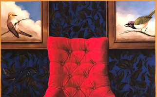 <strong>Red chair, blue wallpaper</strong> <span class="dims">38x30”</span> oil on linen