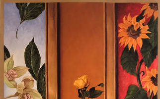 <strong>White pot, yellow rose</strong> <span class="dims">30x24”</span> oil on linen