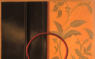 <strong>Green paneling, red vessel, yellow wallpaper</strong> <span class="dims">30x24”</span> oil on linen