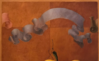 <strong>Grapefruit on mantel, wallpaper with ribbons and squares</strong> <span class="dims">30x24”</span> oil on linen
