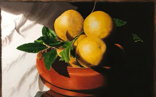 <strong>Bowl, cloth, fruit</strong> <span class="dims">14x20”</span> oil on linen