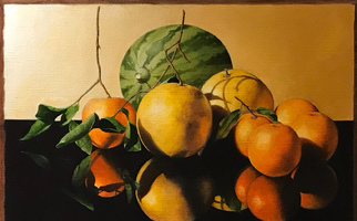 <strong>Citrus, leaves, reflections</strong> <span class="dims">14x20”</span> oil on linen